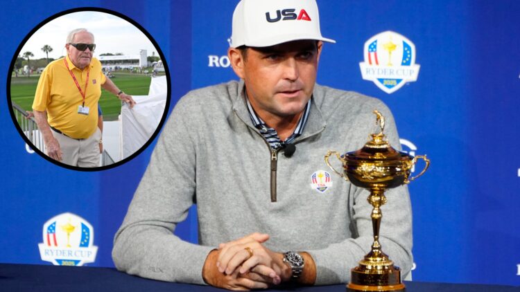 Keegan Bradley and Ryder Cup trophy image with Jack Nicklaus inset