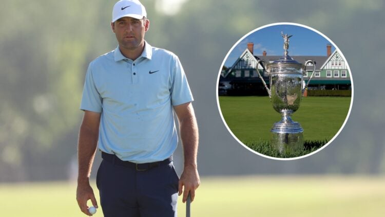 Scottie Scheffler plays at the 2025 Charles Schwab Challenge 2025, inset the US Open trophy sits at Oakmont Country Club in 2016