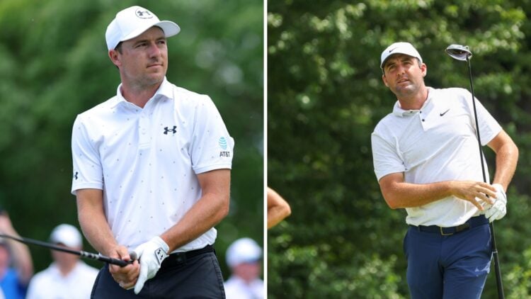 Jordan Spieth in action at the PGA Championship / Scottie Scheffler in action at the Charles Schwab Challenge