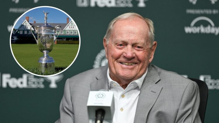 Jack Nicklaus speaks to the media at the 2025 Memorial Tournament, inset the US Open trophy sits at Oakmont Country Club in 2016