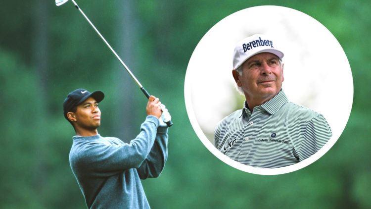 An image of Tiger Woods at the 2000 Masters and inset of Fred Couples playing golf in 2024