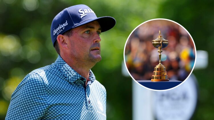 Keegan Bradley looks on during the 2025 PGA Championship, inset the Ryder Cup sits in Rome in 2023