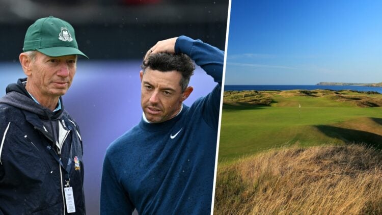 Split image of Rory McIlroy with Brad Faxon and Royal Portrush