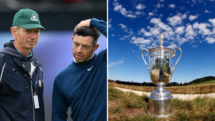 Split image of Rory McIlroy and Brad Faxon talking at The Open Championship in 2024 (L) and the US Open trophy sitting at Oakmont in 2015 (R)