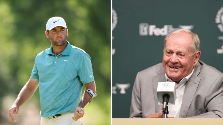 Scottie Scheffler at the 2025 PGA Championship - Round Three / Jack Nicklaus speaks to the press ahead of the Memorial Tournament presented by Work...