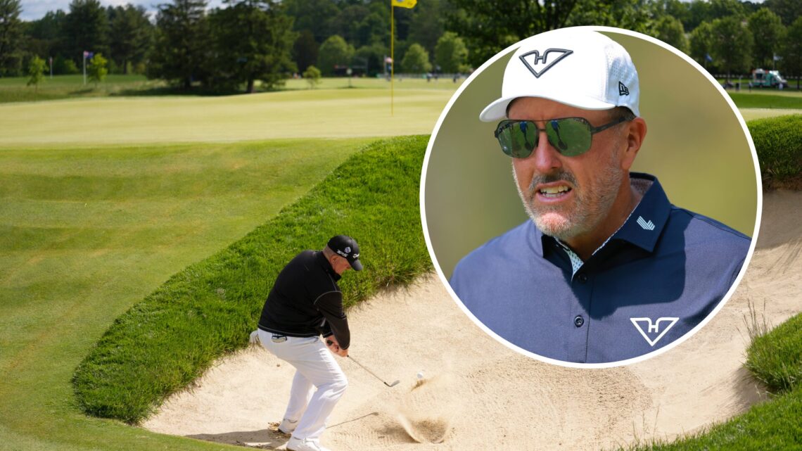 An image of a golfer playing a shot from the bunker with overlay of Phil Mickelson