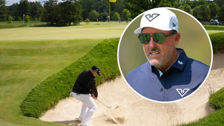 An image of a golfer playing a shot from the bunker with overlay of Phil Mickelson