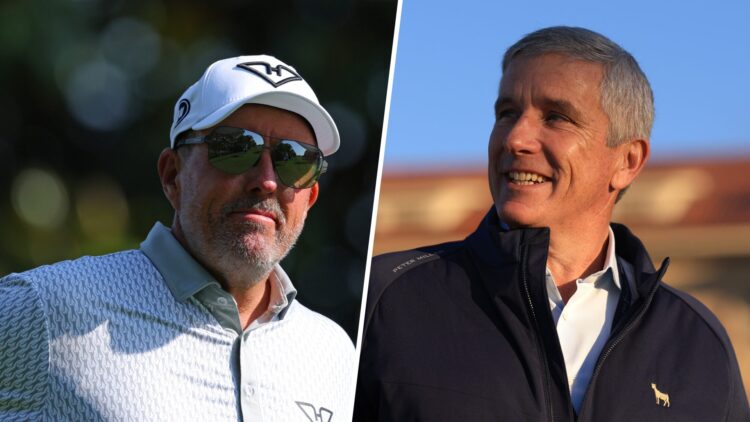 A split image of Phil Mickelson at the PGA Championship and PGA commissioner Jay Monahan