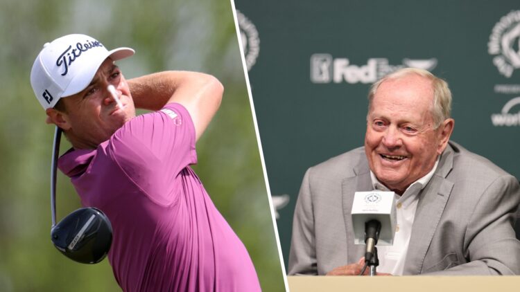 A split image of Justin Thomas hitting a tee shot and Jack Nicklaus at the Memorial Tournament in 2025