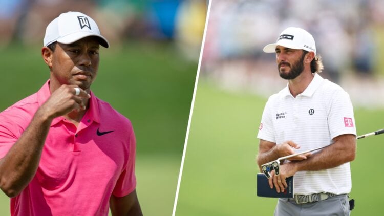 A split image of PGA Tour players Tiger Woods and Max Homa