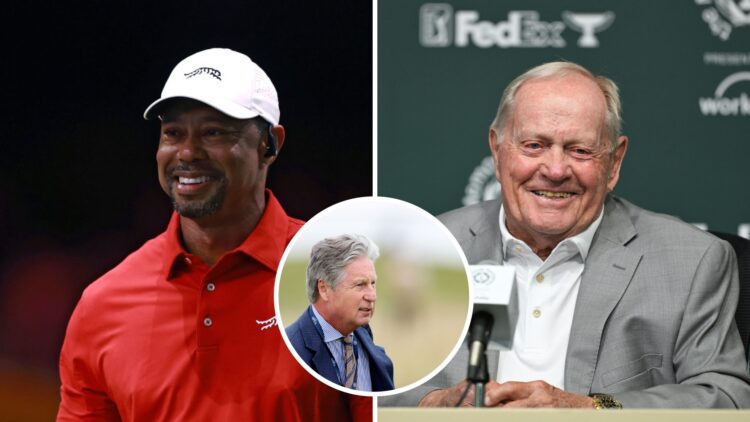 Split image of Tiger Woods and Jack Nicklaus with inset of Brandel Chamblee