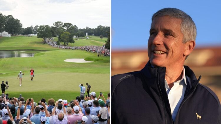 Scottie Scheffler plays at the 2024 Tour Championship, inset Jay Monahan looks on during the Players Championship in 2025