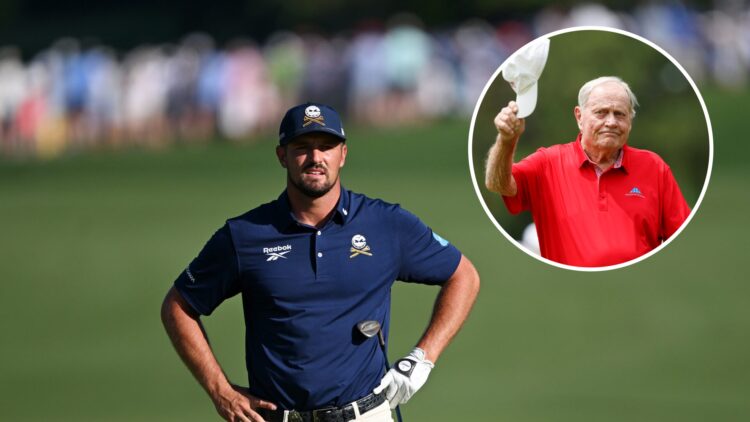 Bryson DeChambeau plays at the 2025 PGA Championship, inset Jack Nicklaus plays at the 2024 Insperity Invitational