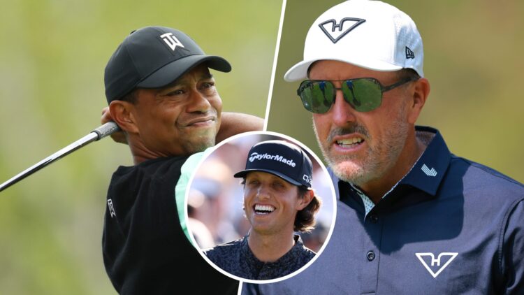 A split image of Tiger Woods and Phil Mickelson, with an overly image of Grant Horvat