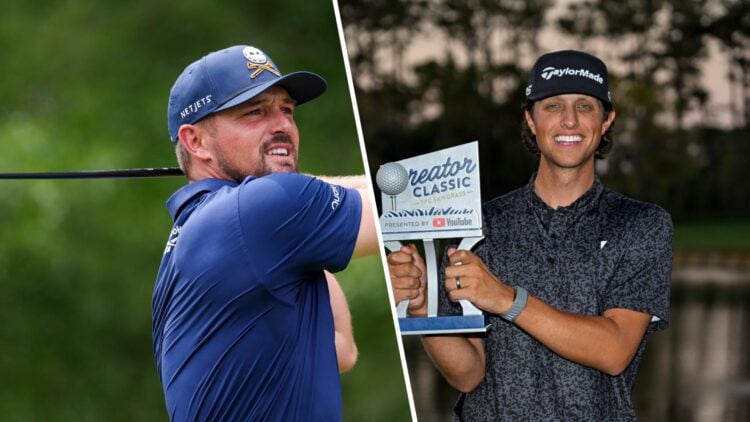 A split image of Bryson DeChambeau at the PGA Championship and Grant Horvat at the Creator Classic