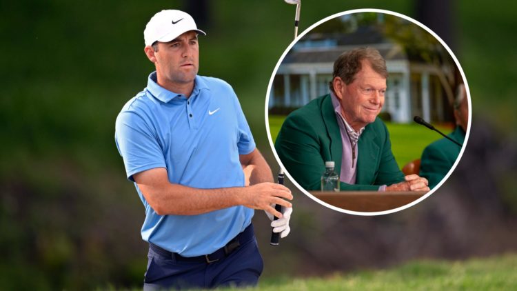 Scottie Scheffler playing at the Byron Nelson CJ Cup with inset of Tom Watson at the 2025 Masters