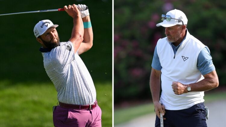 Jon Rahm hits an iron shot on day three of the PGA Championship 2025 / Phil Mickelson in action at The Masters - Round Two