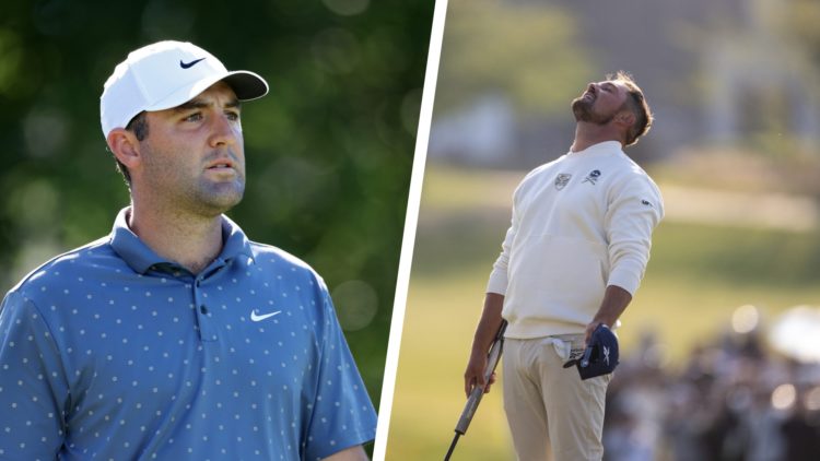 A split image of Scottie Scheffler at the 2025 Byron Nelson and Bryson DeChambeau at LIV Korea