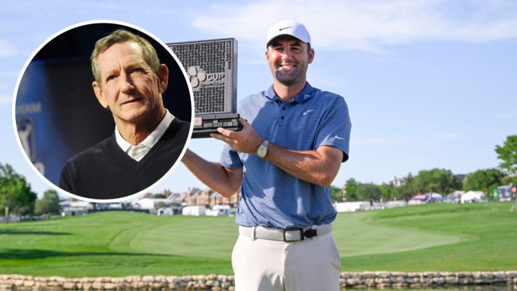 Scottie Scheffler holding his trophy at the CJ Cup Byron Nelson with inset of Hank Haney