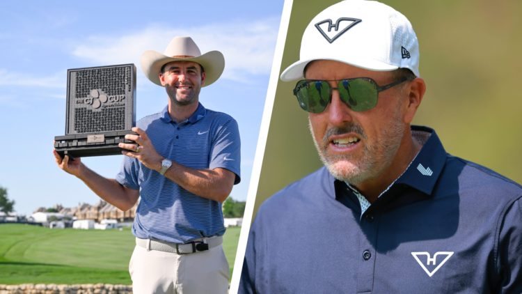 Split image of Scottie Scheffler winning the CJ Cup Byron Nelson and Phil Mickelson at LIV Mexico in 2025