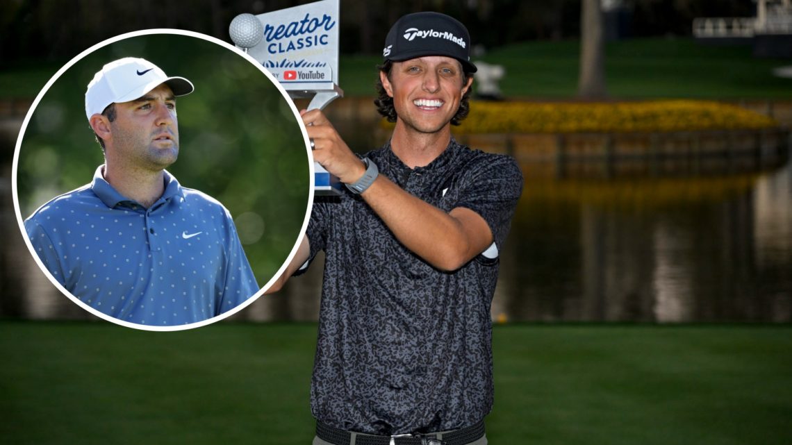 Grant Horvat holds the Creator Classic Trophy in 2025 with inset of Scottie Scheffler playing at the CJ Cup Byron Nelson in 2025
