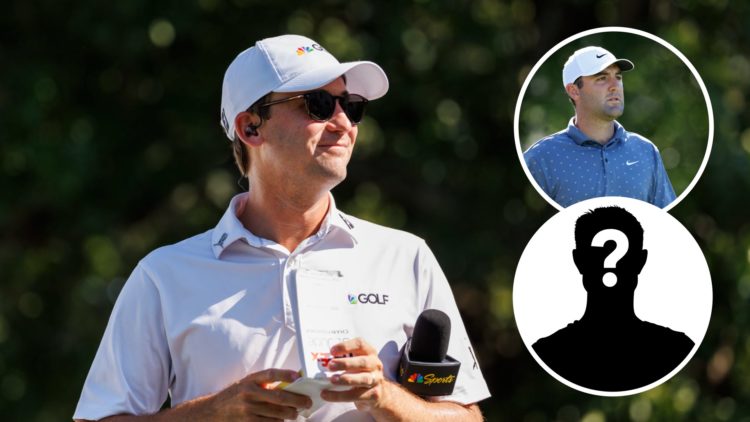 Smylie Kaufman reporting for NBC Sports, Scottie Scheffler at CJ Cup, mystery player inset