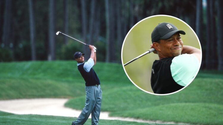 Tiger Woods plays a shot at The Players Championship in 2000, inset Tiger Woods plays a shot at World Golf Championships-Dell Technologies Match Pl...