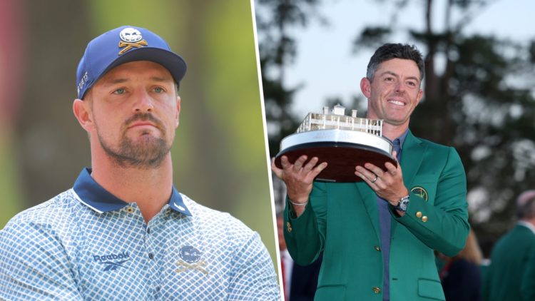 A split image of Bryson DeChambeau at LIV Mexico 2025 and Rory McIlroy holding the Masters trophy in 2025