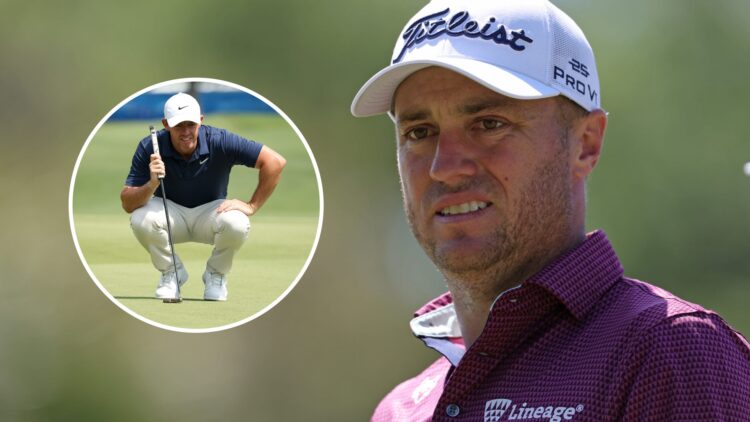 Justin Thomas looks on during the 2025 RBC Heritage, inset Rory McIlroy prepares a putt at the 2025 Zurich Classic