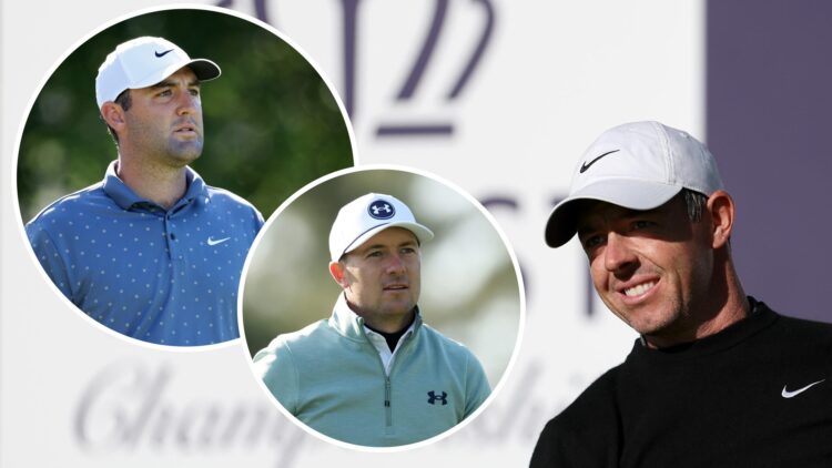 Rory McIlroy at the the 2025 Truist Championship with inset of Jordan Spieth and another inset of Scottie Scheffler