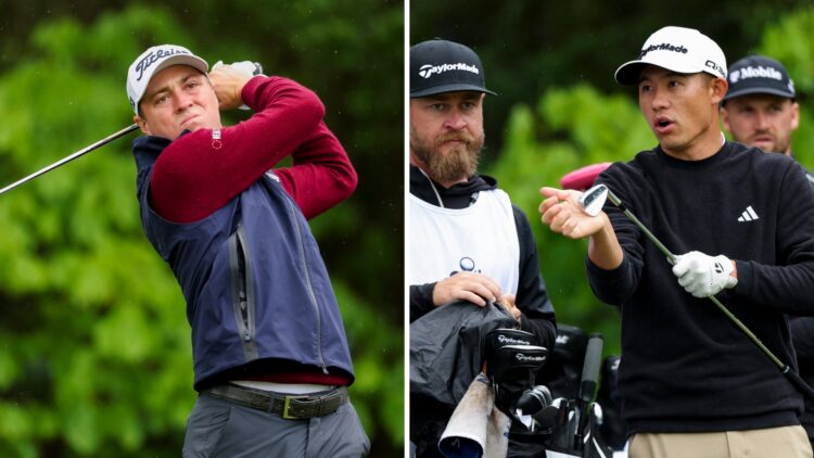 A split image of Justin Thomas and Collin Morikawa both in action at the 2025 Truist Championship
