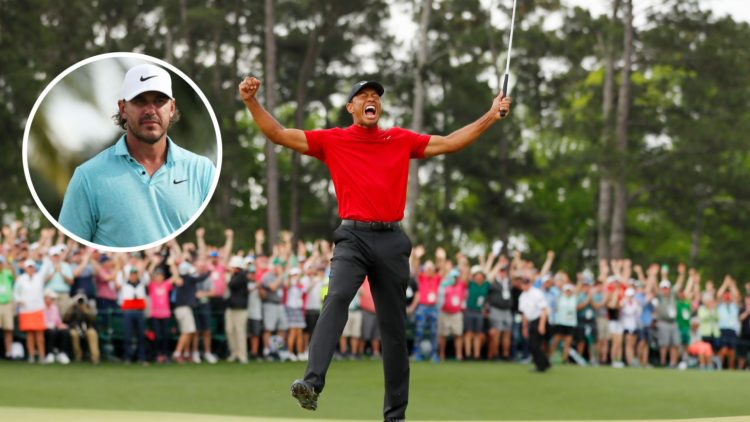 Tiger Woods celebrates winning The 2019 Masters with inset of Brooks Koepka in 2025