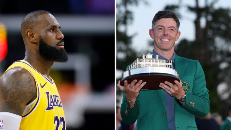 Split image of Lebron James in 2025 and Rory McIlroy holding the Masters trophy in 2025