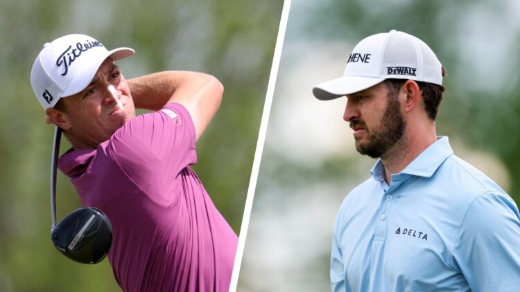 A split image of Justin Thomas at the 2025 Truist Championship and Patrick Cantlay at the 2025 Truist Championship