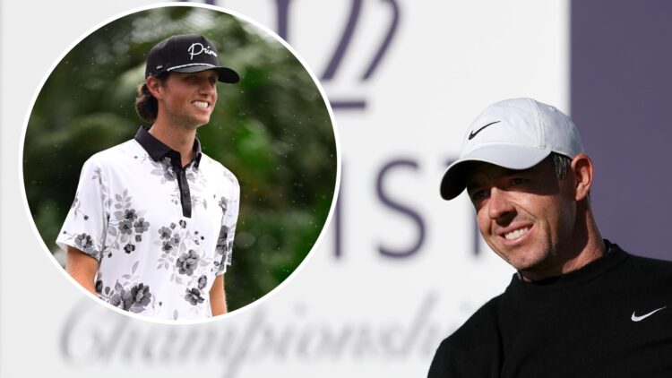 Rory McIlroy playing at the Truist Championship 2025 and an inset of Grant Horvat playing golf