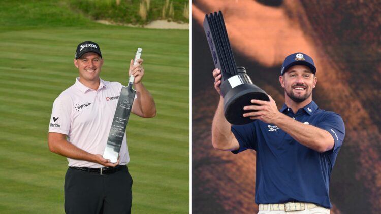 Split image of Sepp Straka (L) poses with the trophy after winning the Truist Championship, Bryson DeChambeau (R) poses with the trophy after winni...