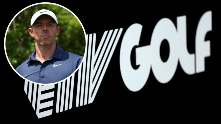 An image of the LIV Golf logo with an inset of Rory McIlroy at the 2025 Zurich Classic