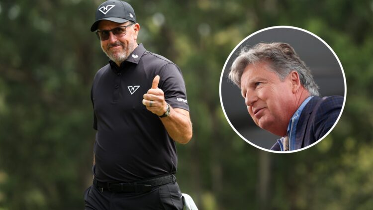 Phil Mickelson celebrates a birdie at LIV Golf Hong Kong in 2025, inset Brandel Chamblee looks on during the 2023 US Women’s Open