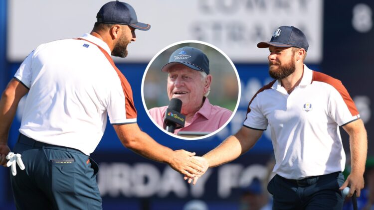 Jon Rahm and Tyrrell Hatton at the Ryder Cup, Jack Nicklaus inset