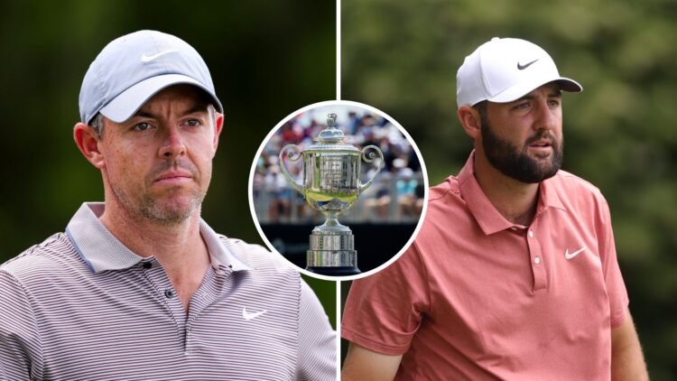 Split image of Rory McIlroy and Scottie Scheffler with inset of PGA Championship trophy
