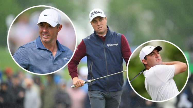 Justin Thomas playing in the 2025 Truist Championship with two insets of Scottie Scheffler and Rory McIlroy