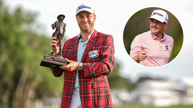 Justin Thomas smiles with the trophy after winning the 2025 RBC Heritage, inset Keegan Bradley reacts after making birdie at the 2025 Arnold Palmer...