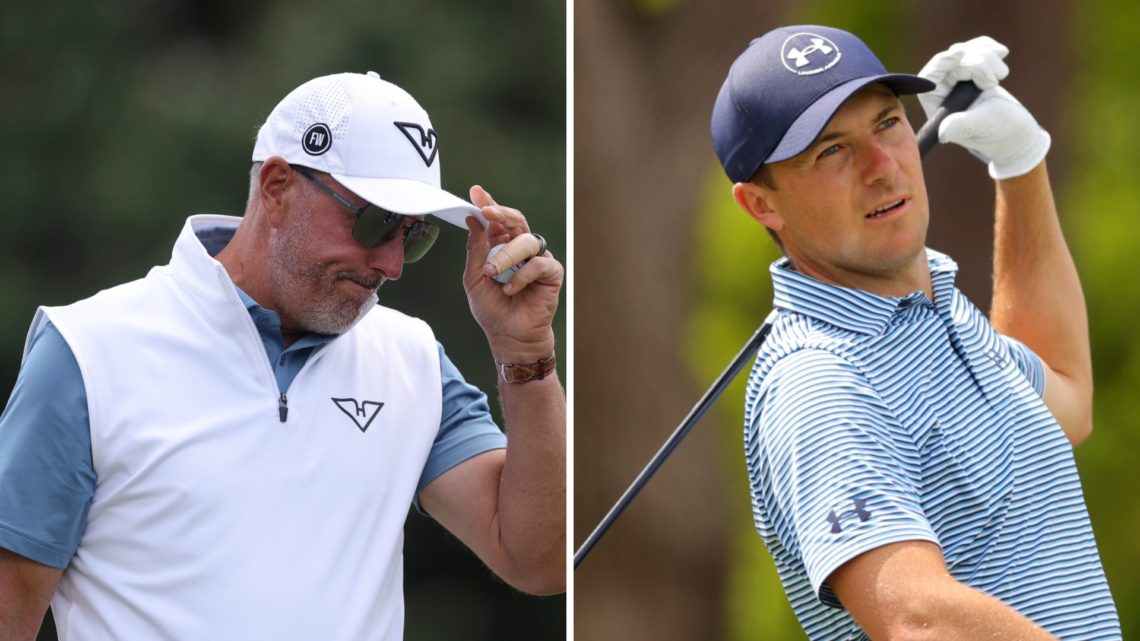 Split image of Phil Mickelson during the second round of the 2025 Masters Tournament at Augusta National Golf Club, left, and Jordan Spieth during ...