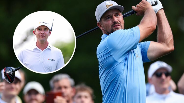 Bryson DeChambeau in PGA Championship practice round with inset of Smylie Kaufman