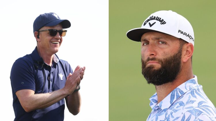 A split image of Luke Donald at the Ryder Cup and Jon Rahm playing in Dubai in 2025