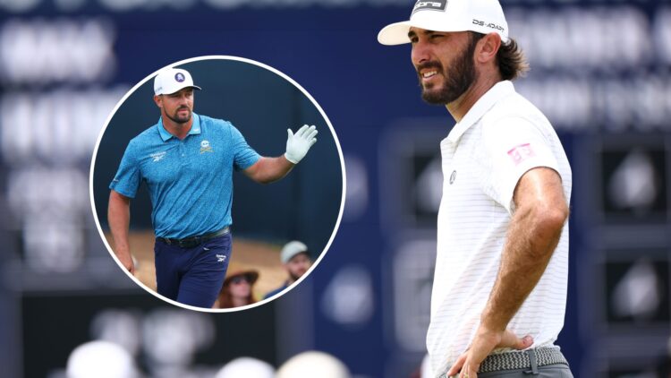 Max Homa looks on during the second round of the 2025 PGA Championship, inset Bryson DeChambeau waves during the second round of the 2025 PGA Champ...