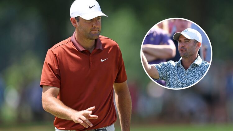 Scottie Scheffler reacts during the 2025 PGA Championship, inset Wesley Bryan reacts during the Creator Classic prior to The Players Championship i...