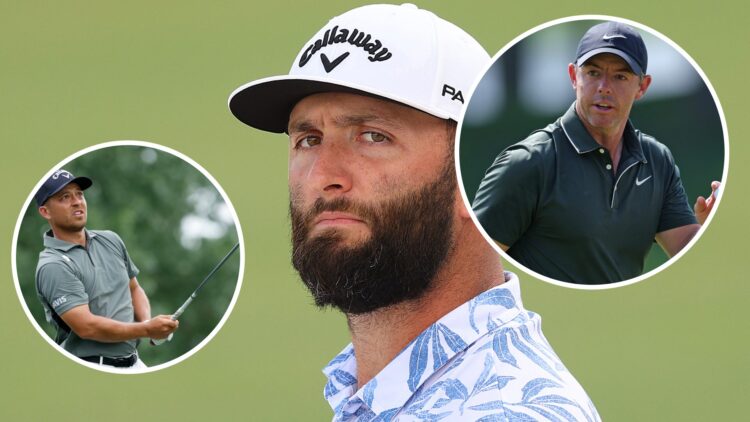 An image of Jon Rahm in 2025 with inset of Rory McIlroy at the PGA Championship and inset of Xander Schauffele at the PGA Championship