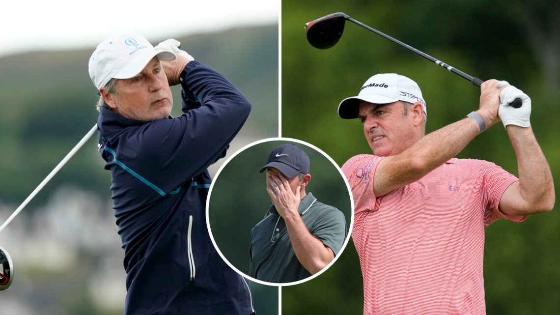 Split image of Brandel Chamblee (L) playing at the 2022 Irish Legends and Paul McGinley (R) playing at the 2023 Senior PGA Championship, inset Rory...