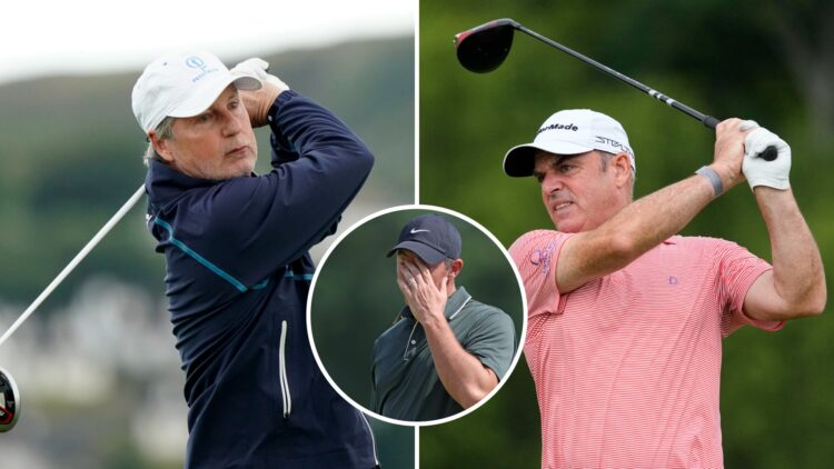 Split image of Brandel Chamblee (L) playing at the 2022 Irish Legends and Paul McGinley (R) playing at the 2023 Senior PGA Championship, inset Rory...